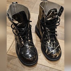 Black Marble-Print Lace-Up Combat Boots - Women